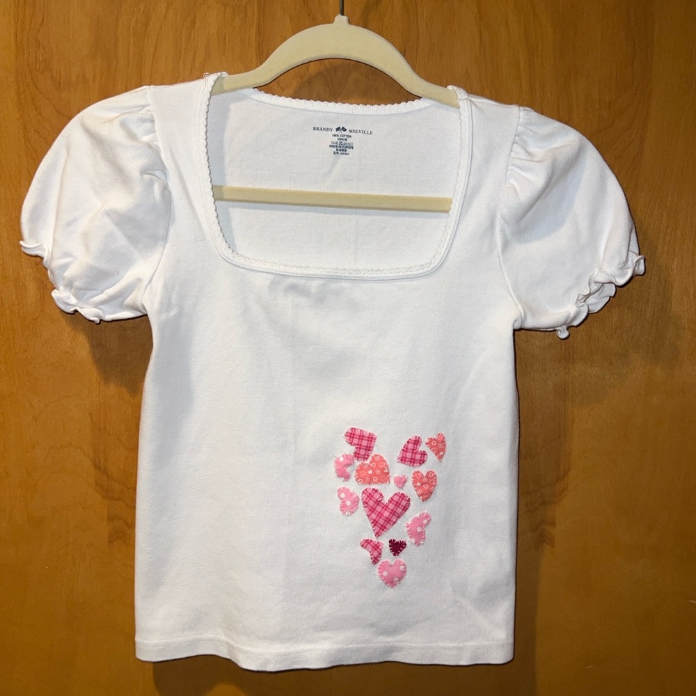Upcycled Heart Patchwork Brandy Melville White cotton shirt with puff sleeves
